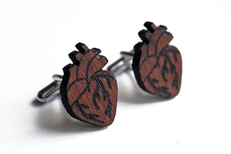 Anatomical heart cuff links, heart cuff links, wood heart cuff links, wood cuff links red, lasercut wood cufflinks, father's day, birthday image 1