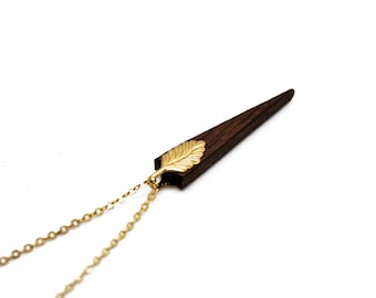 Walnut and gold leaf necklace, wood necklace, gold leaf necklace, triangle necklace, wood anniversary, christmas gift, free shipping