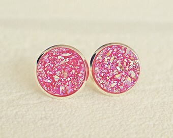 Rose Druzy Earrings - Silver Stud Earrings - Sparkling Jewelry - Faux Druzy Earrings - Round Post Earrings - Druzy Jewelry