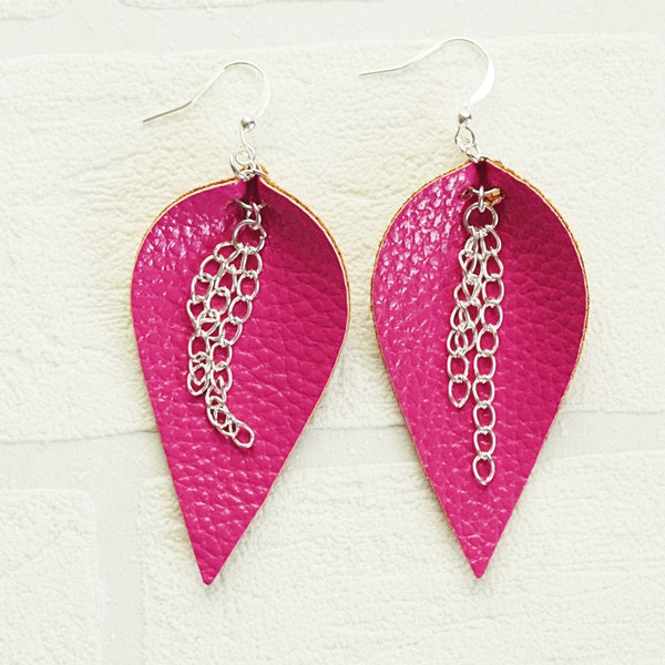 Fuchsia Teardrop Earrings | Faux Leather Earrings | Silver Chain Earrings | Vegan Earrings | Statement Jewelry