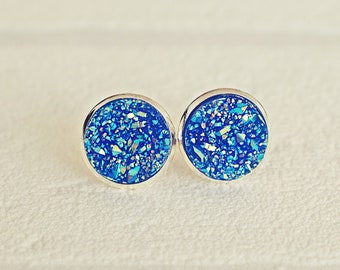 Blue Druzy Earrings | Druzy Stud Earrings | Round Post Earrings | Sparkly Resin Earrings | Circular Earrings