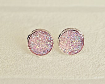 Pink Druzy Earrings - Silver Stud Earrings - Sparkling Jewelry - Faux Druzy Earrings - Round Post Earrings - Druzy Jewelry