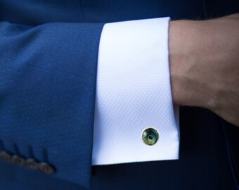 Peacock Cuff Links | Peacock Feather Cuff Links | Silver Cuff Links | Round Cuff Links | Suit Accessories