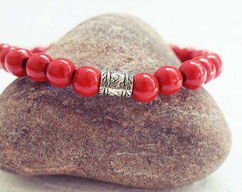 Red Beaded Bracelet | Wood Bead Bracelet | Mens Elastic Bracelet | Simple Mens Bracelet