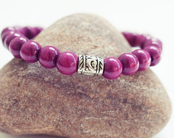 Purple Beaded Bracelet | Wood Bead Bracelet | Mens Elastic Bracelet | Simple Mens Bracelet