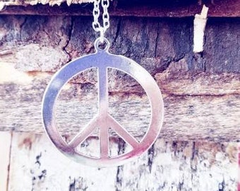 Silver Peace Necklace - Large Peace Necklace - Adjustable Cord Necklace - Symbolic Jewelry - Boho Jewellery