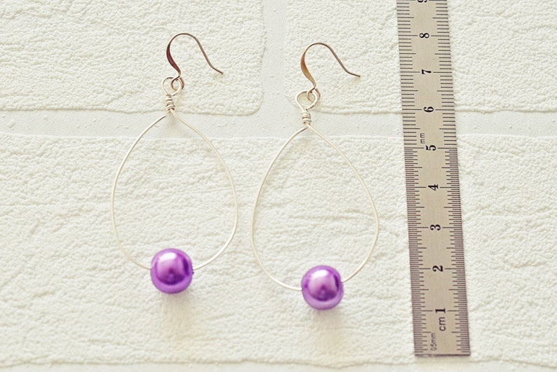 Silver Teardrop Earrings Wire Drop Earrings Pearl Hoop Earrings Glass Pearl Earrings Minimalist Earrings image 10