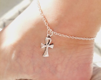 Silver Ankh Anklet | Egyptian Cross Anklet | Egyptian Hieroglyphs Anklet | Ancient Egyptian Symbol Anklet | Foot Decoration