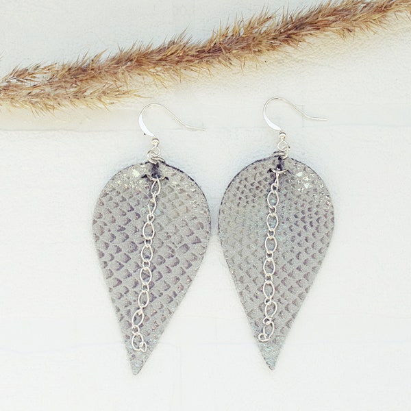 Gray Teardrop Earrings | Faux Leather Earrings | Silver Chain Earrings | Holographic Earrings | Boho Earrings
