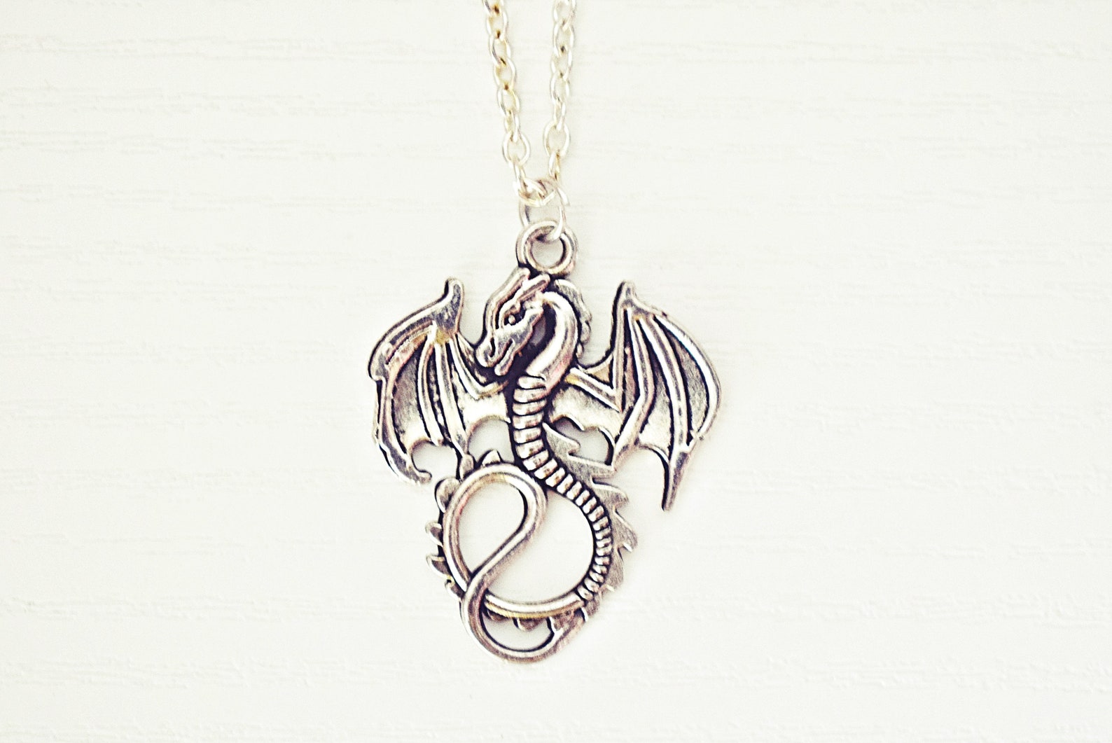 Silver Dragon Necklace Mythical Dragon Charm Necklace Dragon Jewelry