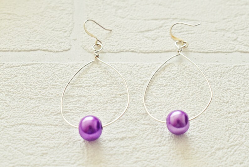 Silver Teardrop Earrings Wire Drop Earrings Pearl Hoop Earrings Glass Pearl Earrings Minimalist Earrings image 3