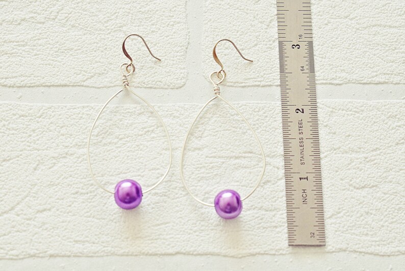 Silver Teardrop Earrings Wire Drop Earrings Pearl Hoop Earrings Glass Pearl Earrings Minimalist Earrings image 9