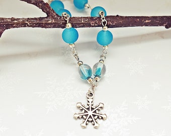 Silver Snowflake Bracelet | Blue Beaded Bracelet | Glass Bead Bracelet | Winter Bracelet | Snowflake Jewelry