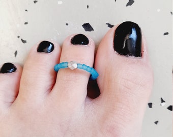 Aquamarine Blue Toe Ring | Seed Bead Toe Ring | Elastic Toe Ring | Blue and Silver Toe Ring | Minimalist Ring