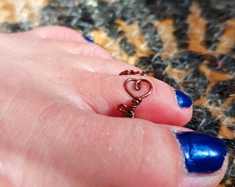 Bronze Toe Ring | Open Heart Toe Ring | Adjustable Double Heart Ring | Handmade Wire Wrapped Jewelry