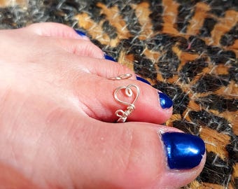 Silver Toe Ring | Open Heart Toe Ring | Adjustable Double Heart Ring | Wire Wrapped Jewelry | Minimalist Toe Ring