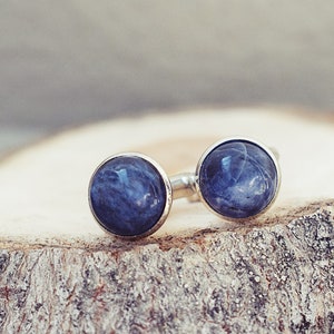 May include: A pair of silver-toned stud earrings with large, round, deep blue gemstones. The earrings are set on a natural wood slice, showcasing the jewelry's color and texture. The gemstones have a marbled appearance.