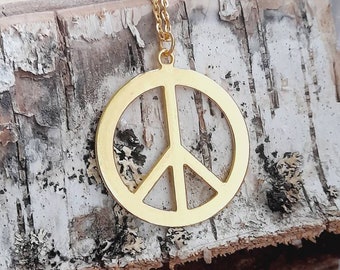 Gold Peace Necklace - Large Peace Necklace - Adjustable Cord Necklace - Symbolic Jewelry - Boho Jewellery