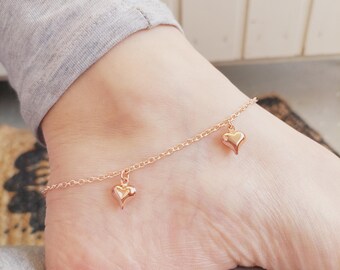 Rose Gold Heart Anklet | Dainty Ankle Bracelet | Puffed Heart Jewelry | Minimalist Charm Anklet | Cute Gift for Women