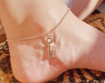 Silver Anklet with Key | Silver Plated Ankle Bracelet | Key to Love Jewelry | Romantic Anklet for Women | Dainty Gift for Her