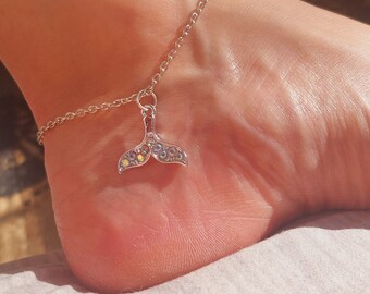 Silver Whale Tail Anklet | Sparkling Whale Tail Anklet | Surfer Anklet | Sealife Jewelry