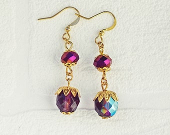 Dark Purple Earrings | Czech Glass Bead Earrings | Sparkly Faceted Bead Earrings | Purple Gold Earrings