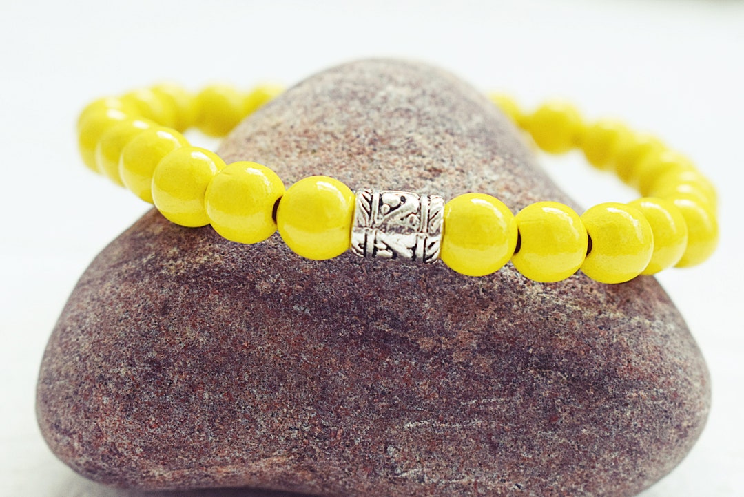 Yellow Beaded Bracelet Wood Bead Bracelet Mens Elastic Etsy