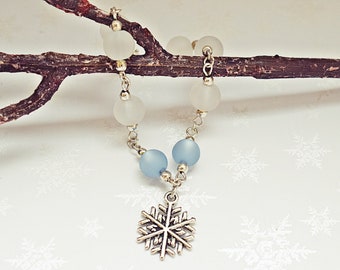 Silver Snowflake Bracelet | Blue & White Beaded Bracelet | Glass Bead Bracelet | Winter Bracelet | Snowflake Jewelry