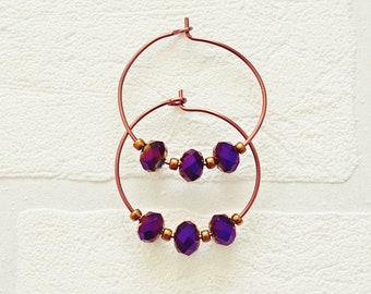 Copper Hoop Earrings | Glass Bead Earrings | Purple Rondelle Earrings | Wire Wrapped Jewelry