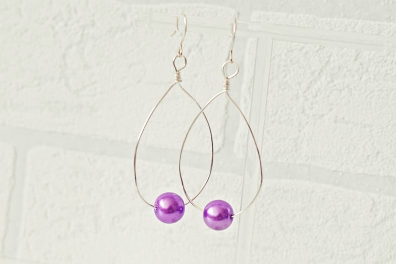 Silver Teardrop Earrings Wire Drop Earrings Pearl Hoop Earrings Glass Pearl Earrings Minimalist Earrings image 7