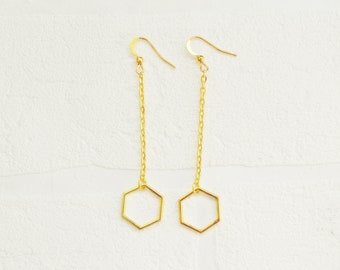 Gold Hexagon Earrings | Honeycomb Earrings | Dangle Chain Earrings | Geometric Earrings | Bee Jewelry