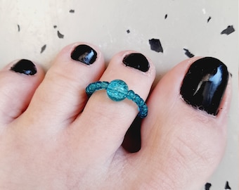 Dark Turquoise Toe Ring | Seed Bead Toe Ring | Elastic Toe Ring | Blue Glass Bead Rings | Minimalist Ring