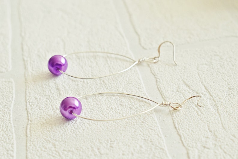 Silver Teardrop Earrings Wire Drop Earrings Pearl Hoop Earrings Glass Pearl Earrings Minimalist Earrings image 5