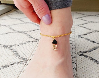 Gold Fish Anklet | Fish Symbol Anklet With Black Crystal | Birthday Gift For Pisces Sign | Good Luck Anklet | Fish Bone Jewelry