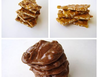 1/2 lb peanut brittle + 1/2 lb pecan brittle & 1 dozen milk chocolate pralines