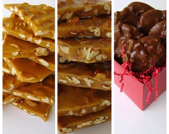 1/2 lb peanut brittle + 1/2 lb pecan brittle & 8 milk chocolate pralines