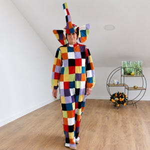 Disfraz de elefante de retazos, atuendo colorido hecho a mano para fiestas del Día del Libro y Halloween.