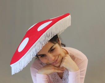 Red Amanita Mushroom Hat, Handmade Toadstool Costume Headpiece with White Fringe, Fairycore Cosplay