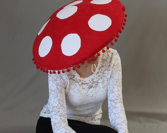 Red Mushroom Hat with Pom Poms, Fly Agaric Toadstool Headpiece for Fairy Costume