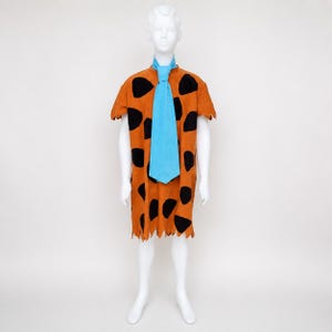 Prehistoric caveman costume, orange tunic with handmade patches and blue tie, children's cartoon stone age costume, handmade party costume
