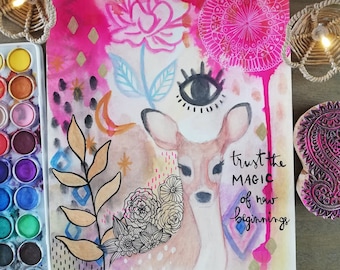 Illustration Originale à l'Aquarelle 'Biche Magique' / biche, symboles et citation / trust the magic of new beginnings / citation positive