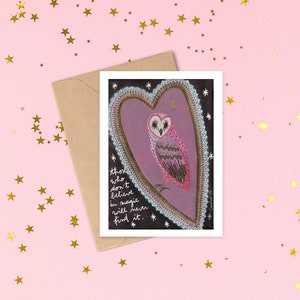 Carte de voeux "Coeur Hibou" / format A6 / illustration hibou avec coeur et citation / carte postale