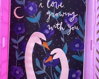 Affiche "I love growing with you" / illustration cygnes, fleurs et citation / citation amour oiseau / impression d'art