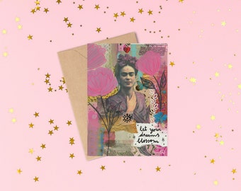 Frida-Kahlo-Grußkarte „Lass deine Träume erblühen“ / A6-Format / Frida-Kahlo-Collage-Blumen-Zitat / Postkarte