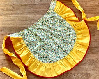 Grandmacore Apron with Ruffle Yellow and Red, Colorful Cottagecore Half Apron, Bright and Cheerful