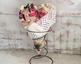Shabby Chic Stuffed Heart with Bed Spring Stand, Small Heart Pillow, Valentine Decor Shabby Cottage, Bowl Filler, Bed Spring Decor