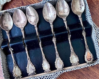 Vintage Italian Capitoline Wolf Spoon Set, Silverplate Demitasse, 6pc, Original Box