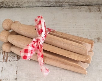 Clothespin Bundle, Peg Clothespins tied with a rustic red check ribbon, Laundry Room Decor, Farmhouse Decor