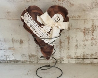 Farmhouse Stuffed Heart with bed spring stand, Stuffed Heart with lace and muslin bow, Brown and Beige Small Heart Pillow, Bed Spring Decor