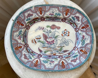 Flow Blue Mulberry Polychrome Floral Meat Platter by Brownfield